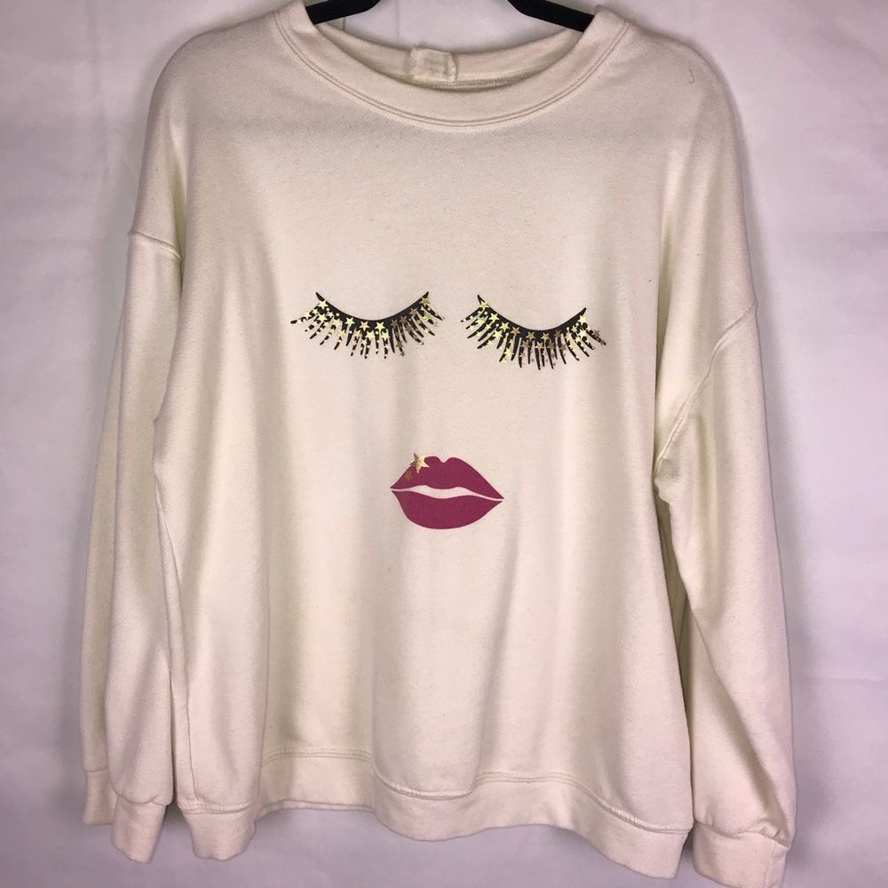 Blue Buttercup Graphic Lashes and Lips Sweater Womens Size Large